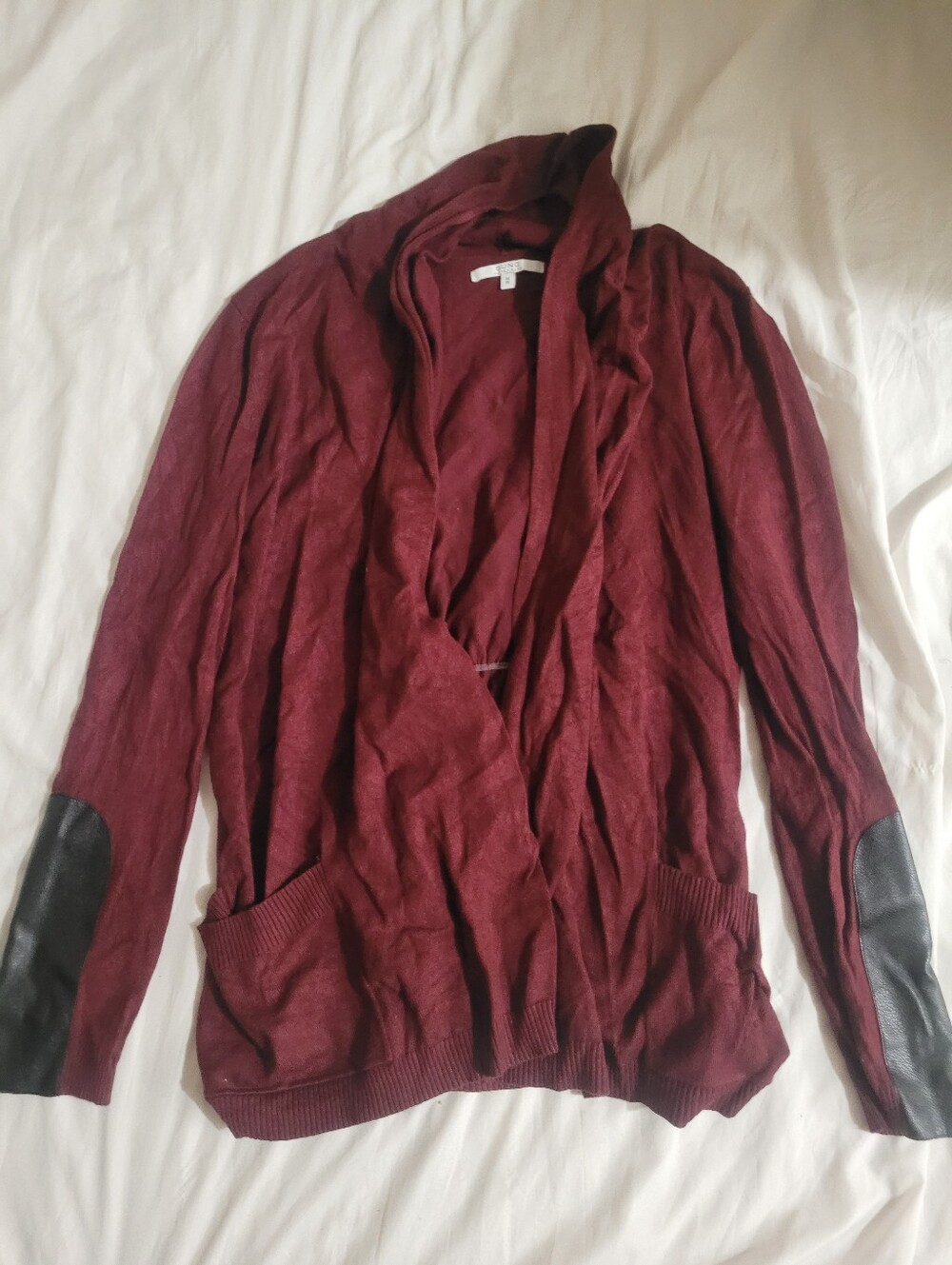 ALFRED SUNG Burgundy Open-Front Cardigan with Black Elbow Patches